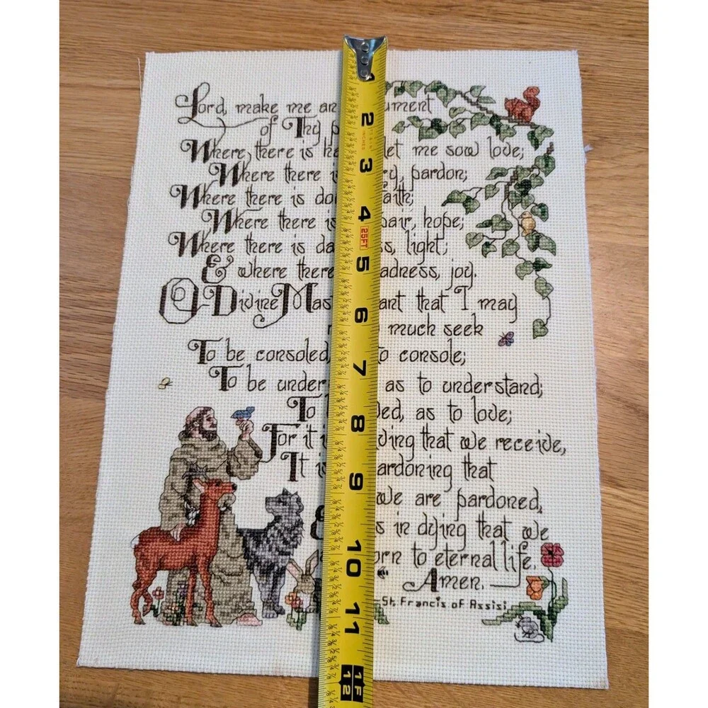 Vtg Prayer of Saint Francis Handmade CrossStitch Sampler Unframed Cardboard Back